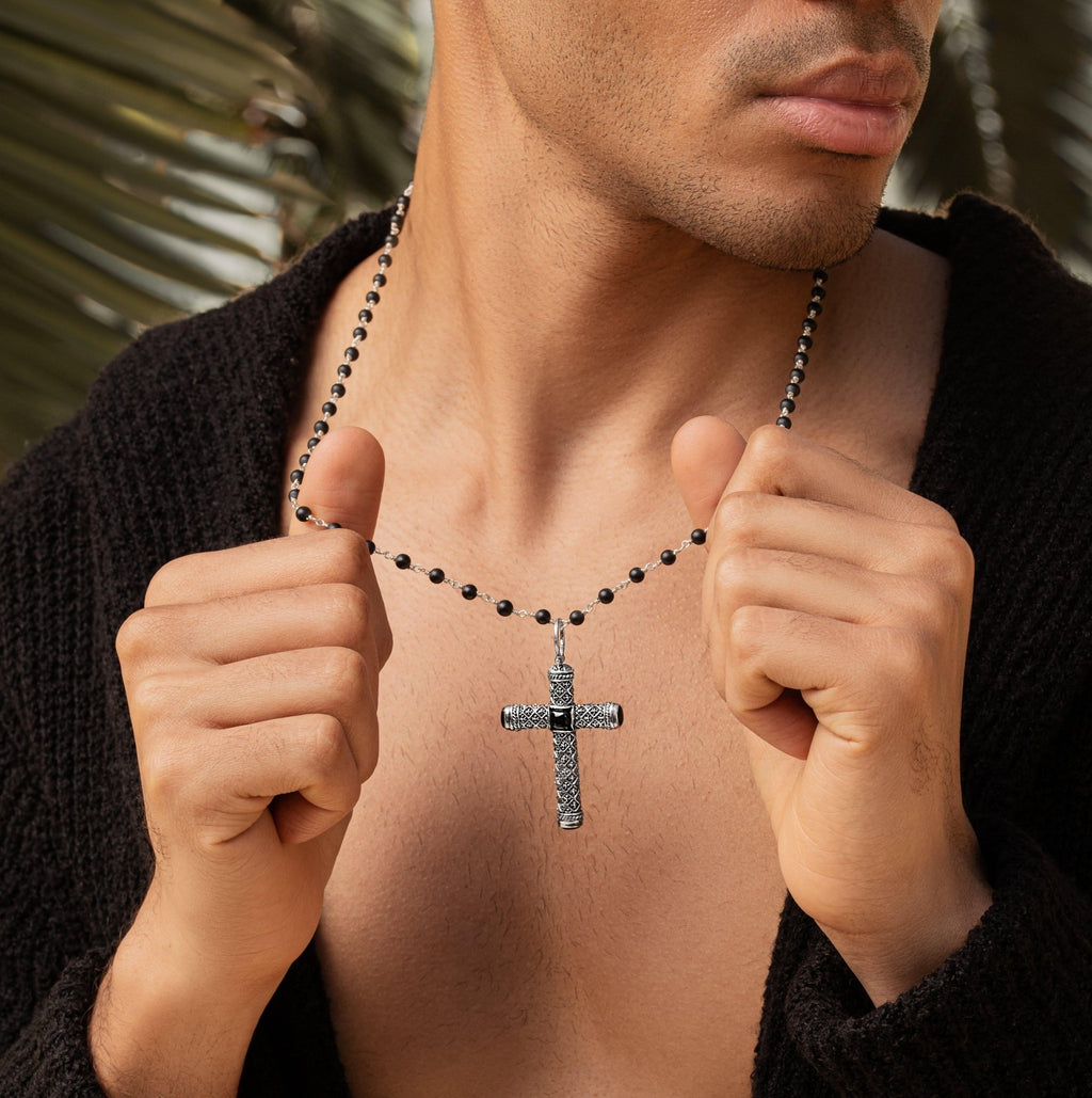 Profound Belief - Silver Matte Onyx Cross Charm Necklace - Che Cose Belle