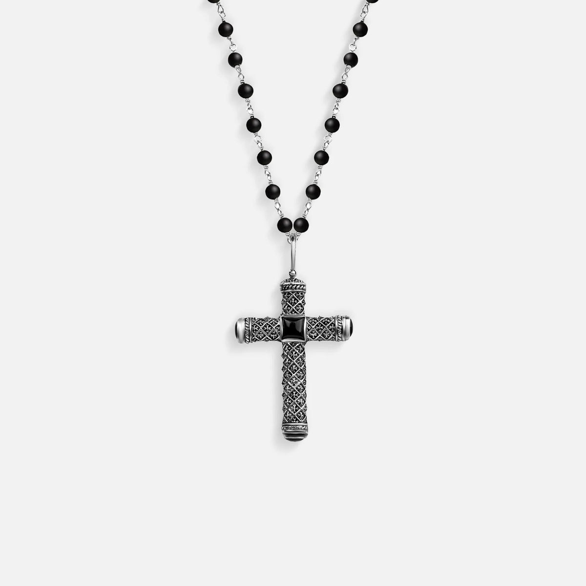 Profound Belief - Silver Matte Onyx Cross Charm Necklace - Che Cose Belle