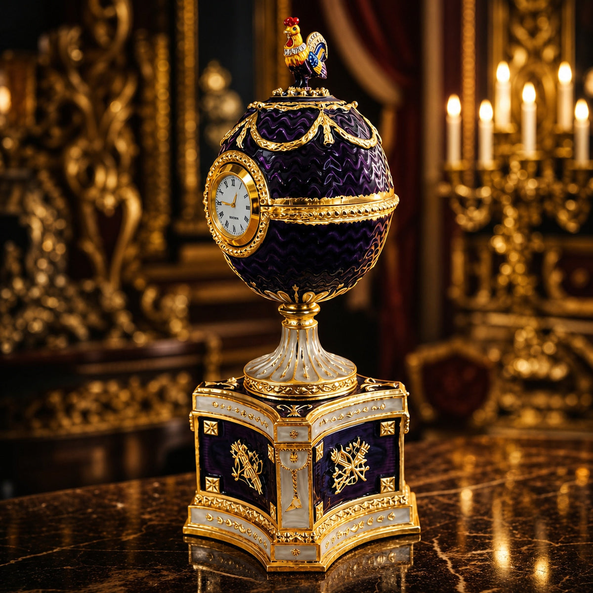 1904 Kelch Chanticleer Royal Imperial Musical Easter Egg in Purple Enamel