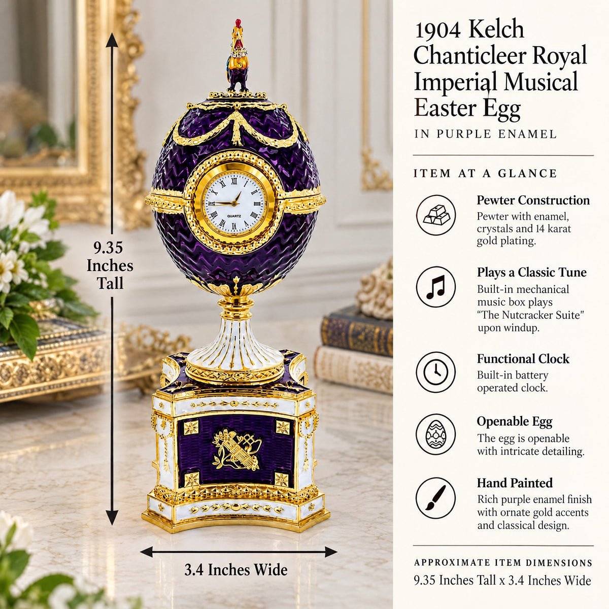 1904 Kelch Chanticleer Royal Imperial Musical Easter Egg in Purple Enamel