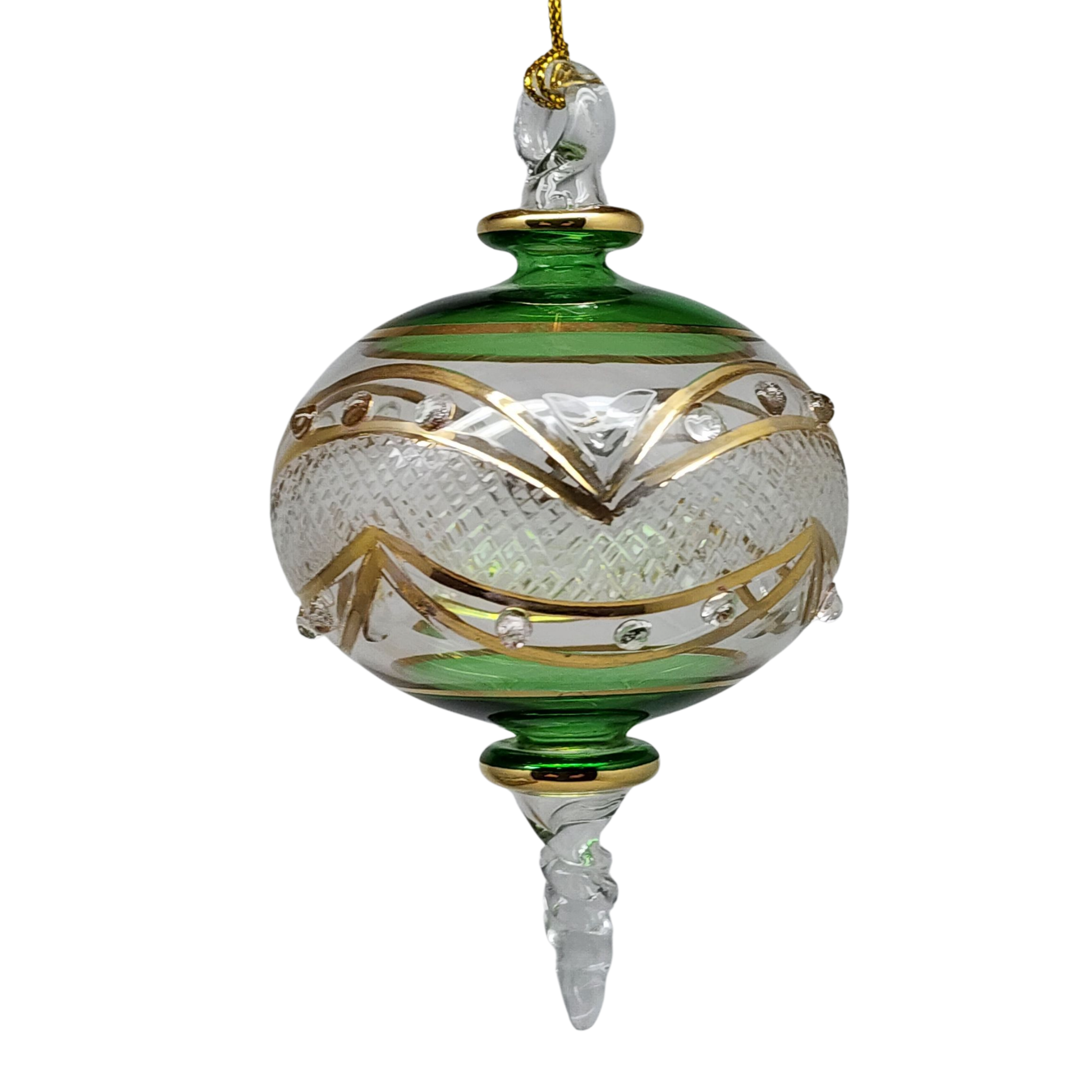 Gold Etched Blown Glass Sphere - Green