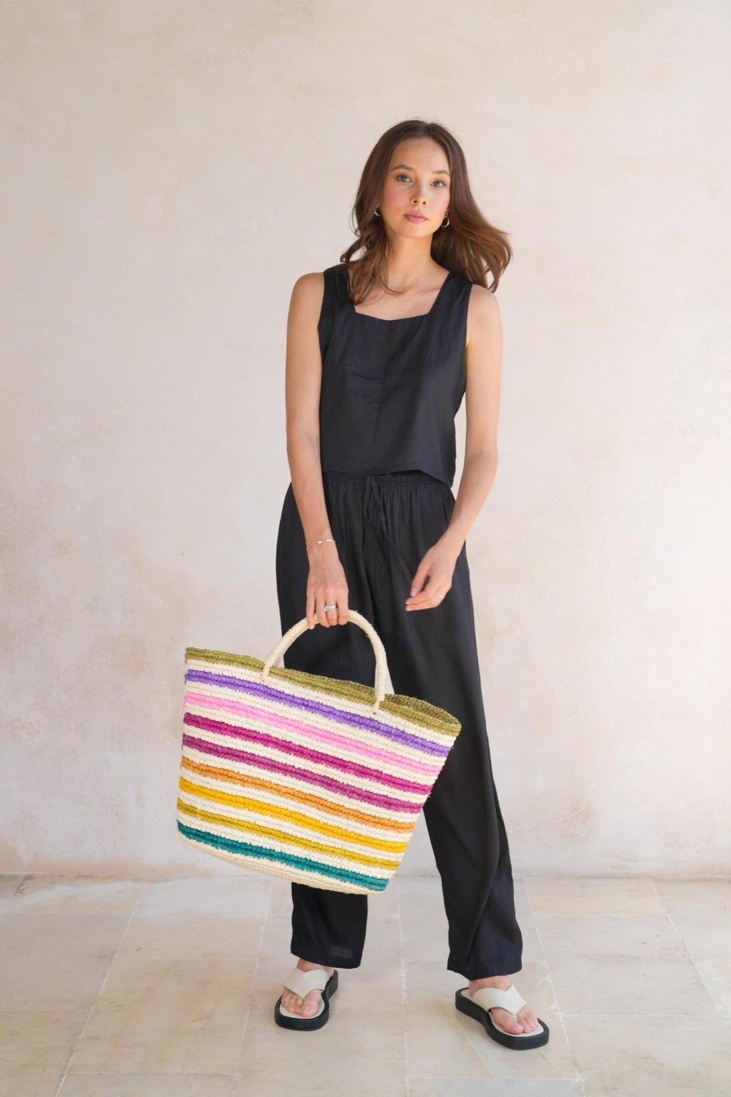 Rainbow Handwoven Color Strips Raffia Tote - Che Cose Belle
