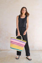 Rainbow Handwoven Color Strips Raffia Tote - Che Cose Belle