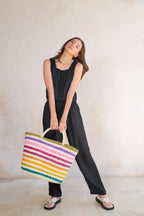 Rainbow Handwoven Color Strips Raffia Tote - Che Cose Belle