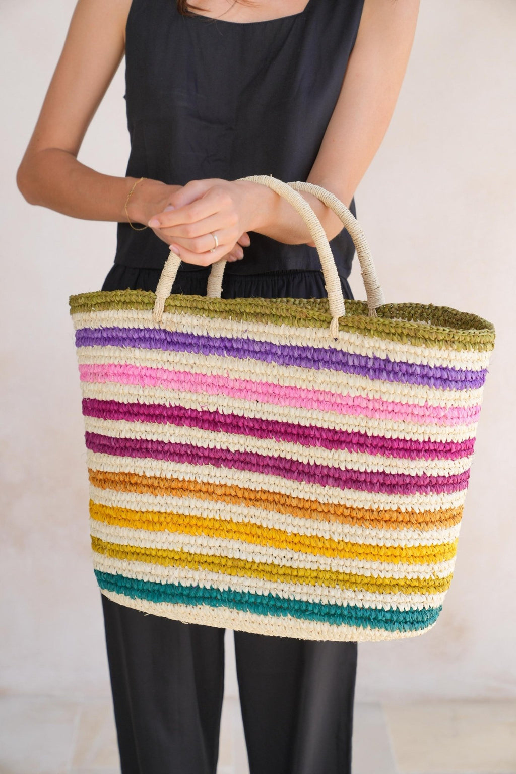Rainbow Handwoven Color Strips Raffia Tote - Che Cose Belle