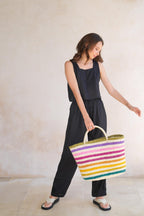 Rainbow Handwoven Color Strips Raffia Tote - Che Cose Belle