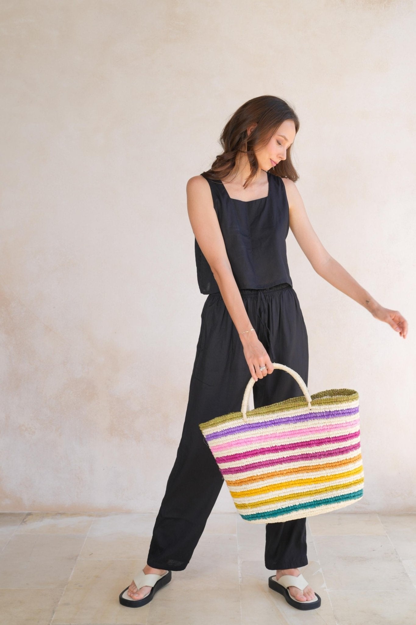 Rainbow Handwoven Color Strips Raffia Tote - Che Cose Belle