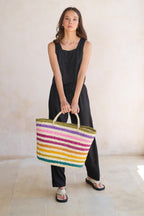 Rainbow Handwoven Color Strips Raffia Tote - Che Cose Belle