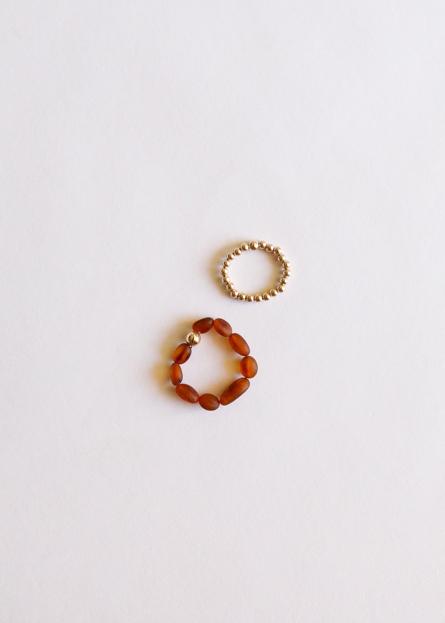 Raw Cognac Baltic Amber + 14K Gold Filled Beaded Ring Stack - Che Cose Belle