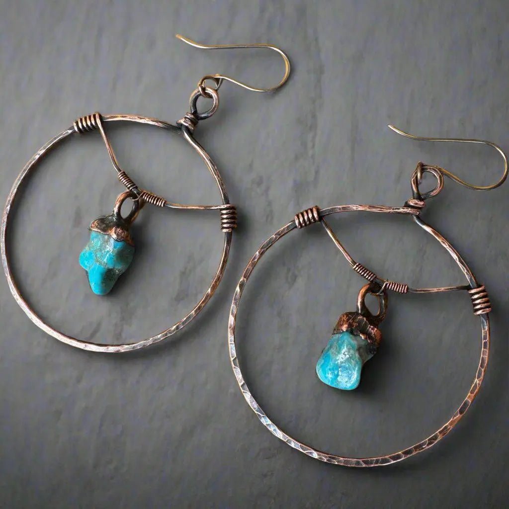 Raw Turquoise Copper Hoops - Statement | Handmade by Blackbird & Sage - Che Cose Belle
