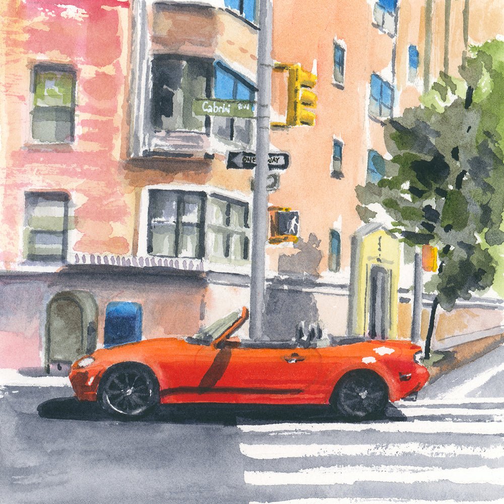 Red Mazda Miata in Intersection, NYC, watercolor painting - Che Cose Belle