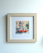 Red Mazda Miata in Intersection, NYC, watercolor painting - Che Cose Belle