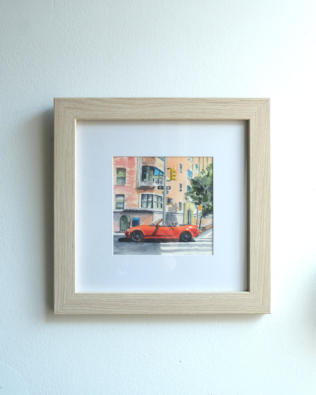 Red Mazda Miata in Intersection, NYC, watercolor painting - Che Cose Belle