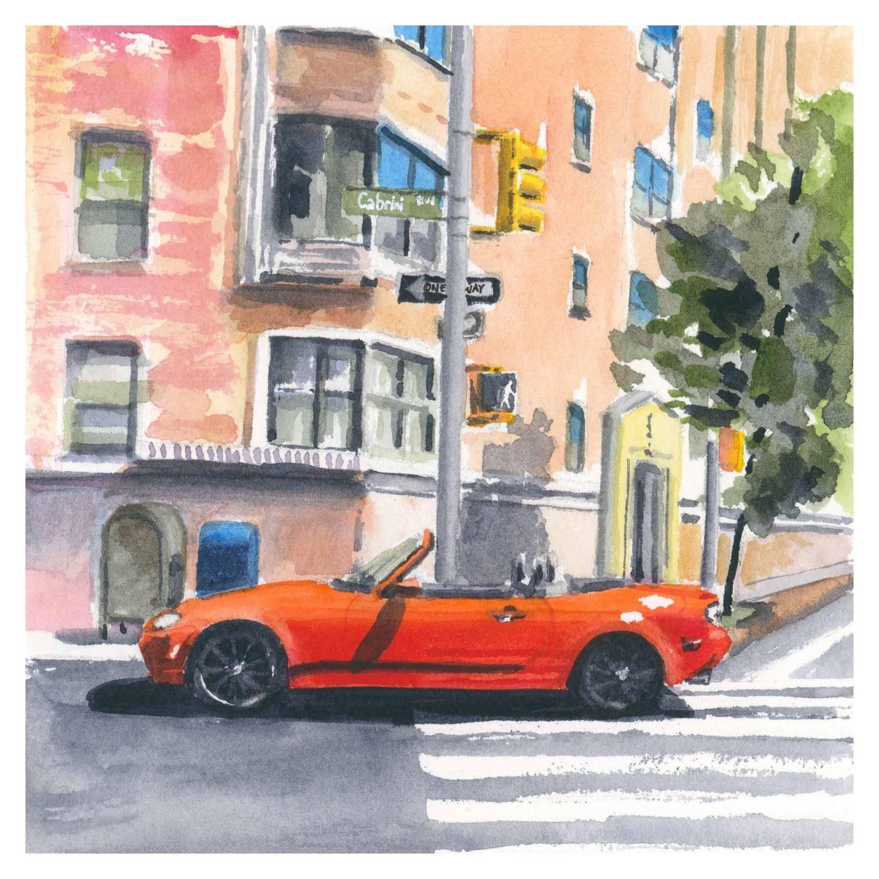 Red Mazda Miata in Intersection, NYC, watercolor painting - Che Cose Belle