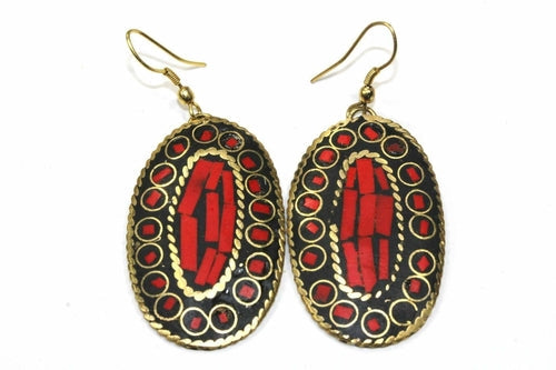 Turquoise Mosaic Oval Earrings Gold Tone Boho Dangle