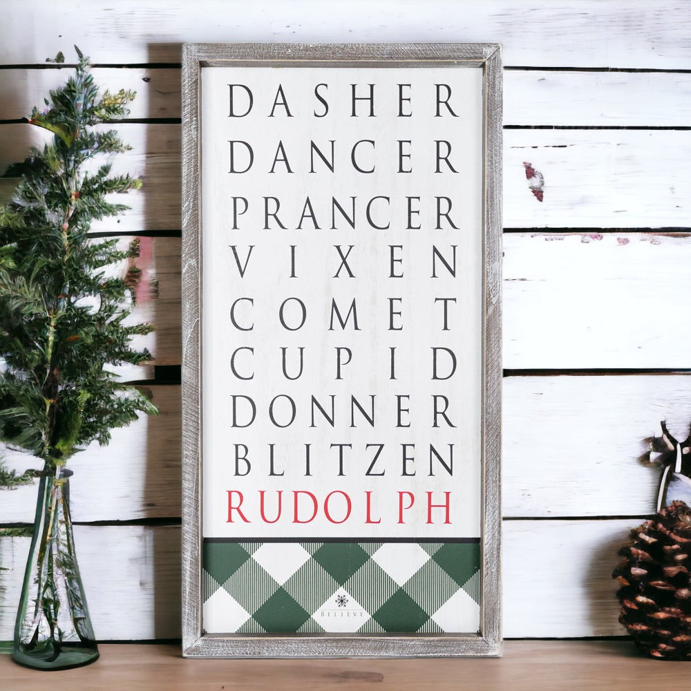 Santa Reindeer Sign Farmhouse Christmas Wall Decor 12x24x1.5 Plaid Reindeer Names Rudolph