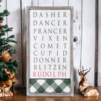 Santa Reindeer Sign Farmhouse Christmas Wall Decor 12x24x1.5 Plaid Reindeer Names Rudolph