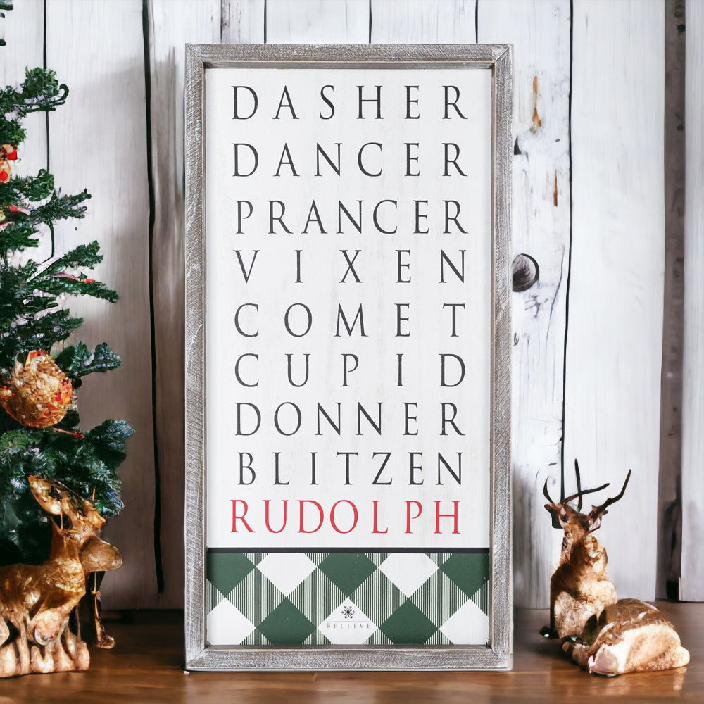 Santa Reindeer Sign Farmhouse Christmas Wall Decor 12x24x1.5 Plaid Reindeer Names Rudolph