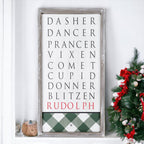 Santa Reindeer Sign Farmhouse Christmas Wall Decor 12x24x1.5 Plaid Reindeer Names Rudolph