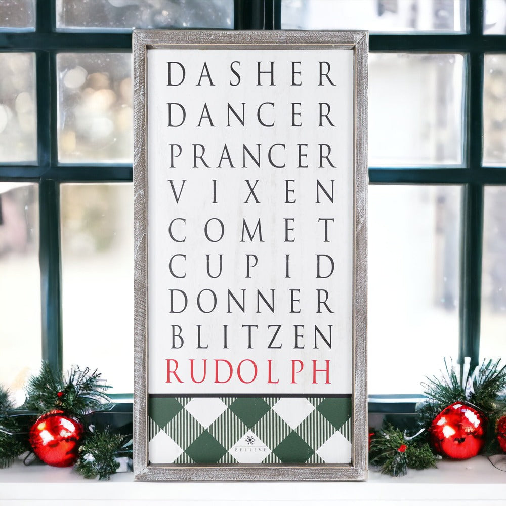 Santa Reindeer Sign Farmhouse Christmas Wall Decor 12x24x1.5 Plaid Reindeer Names Rudolph