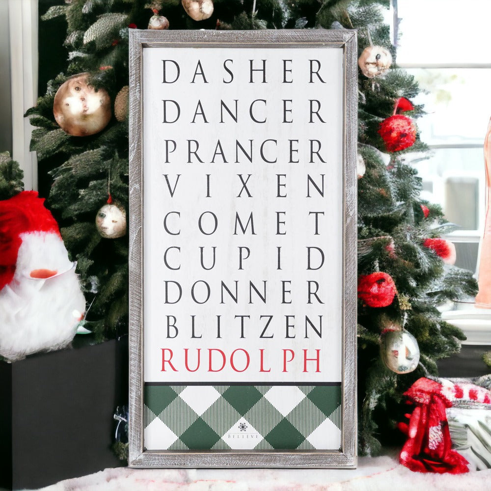 Santa Reindeer Sign Farmhouse Christmas Wall Decor 12x24x1.5 Plaid Reindeer Names Rudolph
