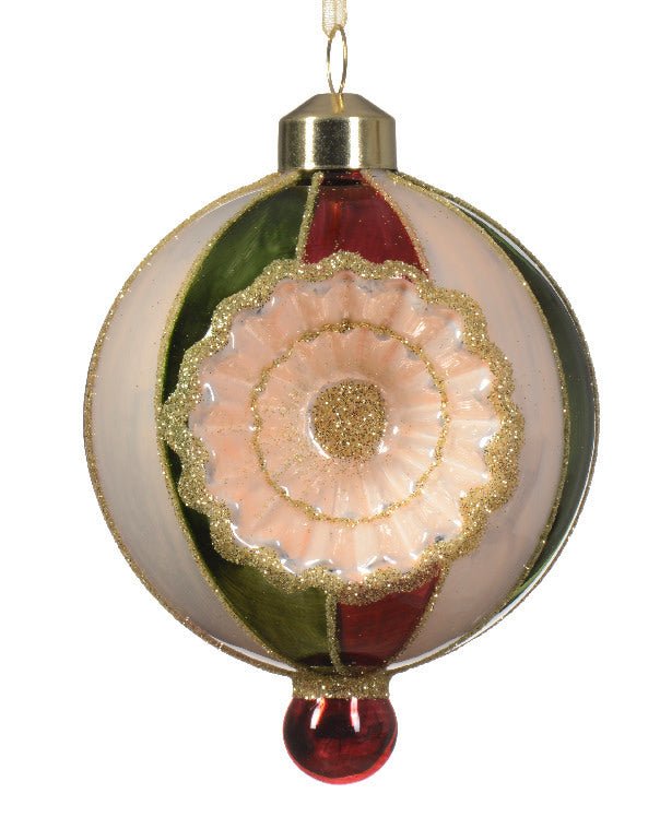 Retro Glass Reflector Ornament - 80mm - Red/Green/White Stripes - Che Cose Belle