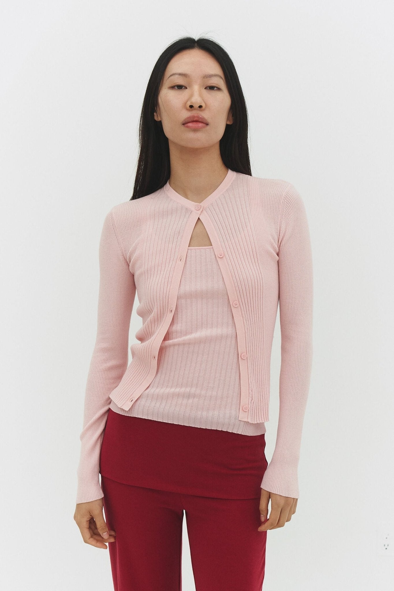 RIBBED KNIT CARDIGAN IN POWDER PINK - Che Cose Belle