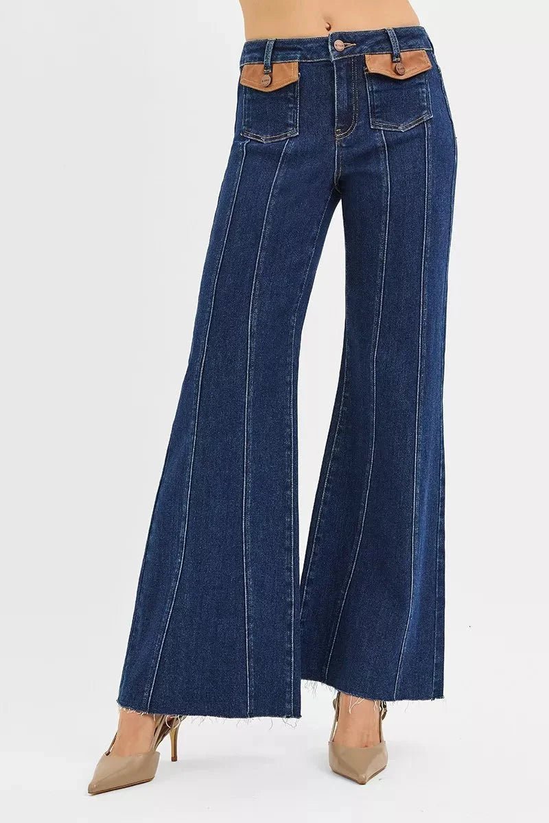 RISEN High Rise Wide Flare Jeans with Front Leather Pocket Detail - Che Cose Belle