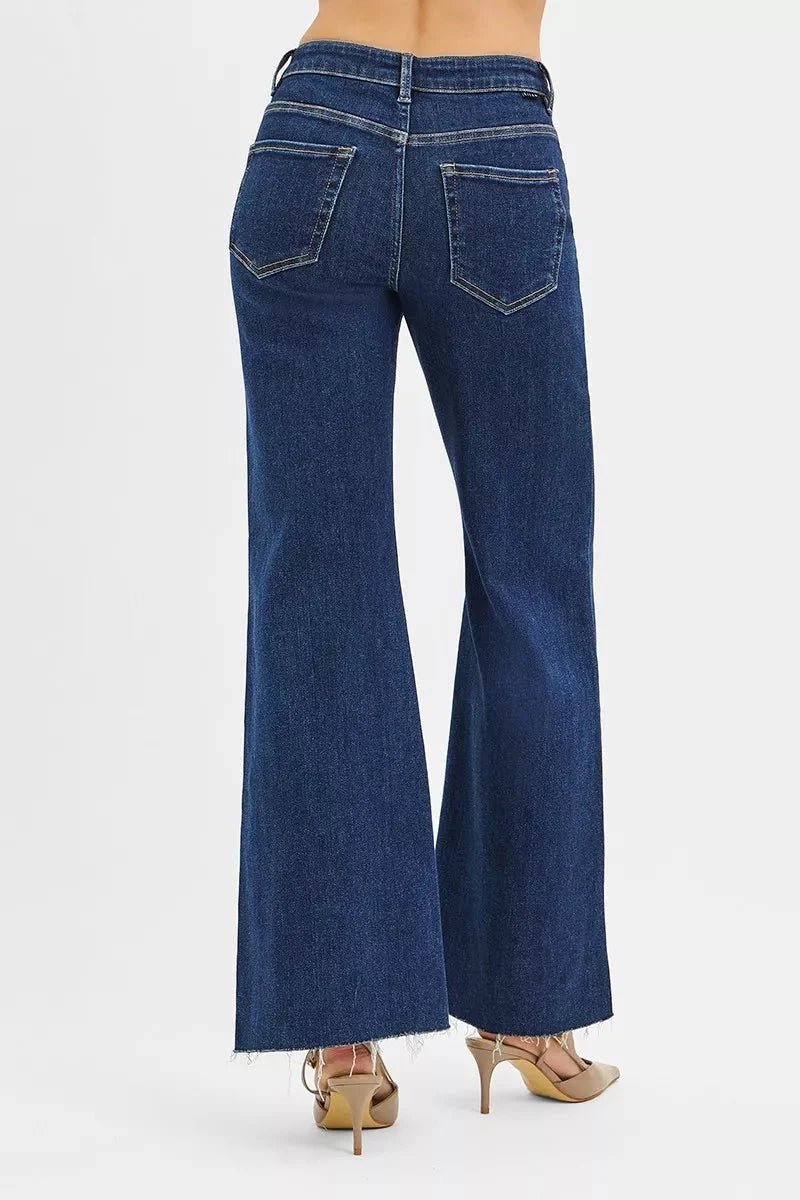 RISEN High Rise Wide Flare Jeans with Front Leather Pocket Detail - Che Cose Belle