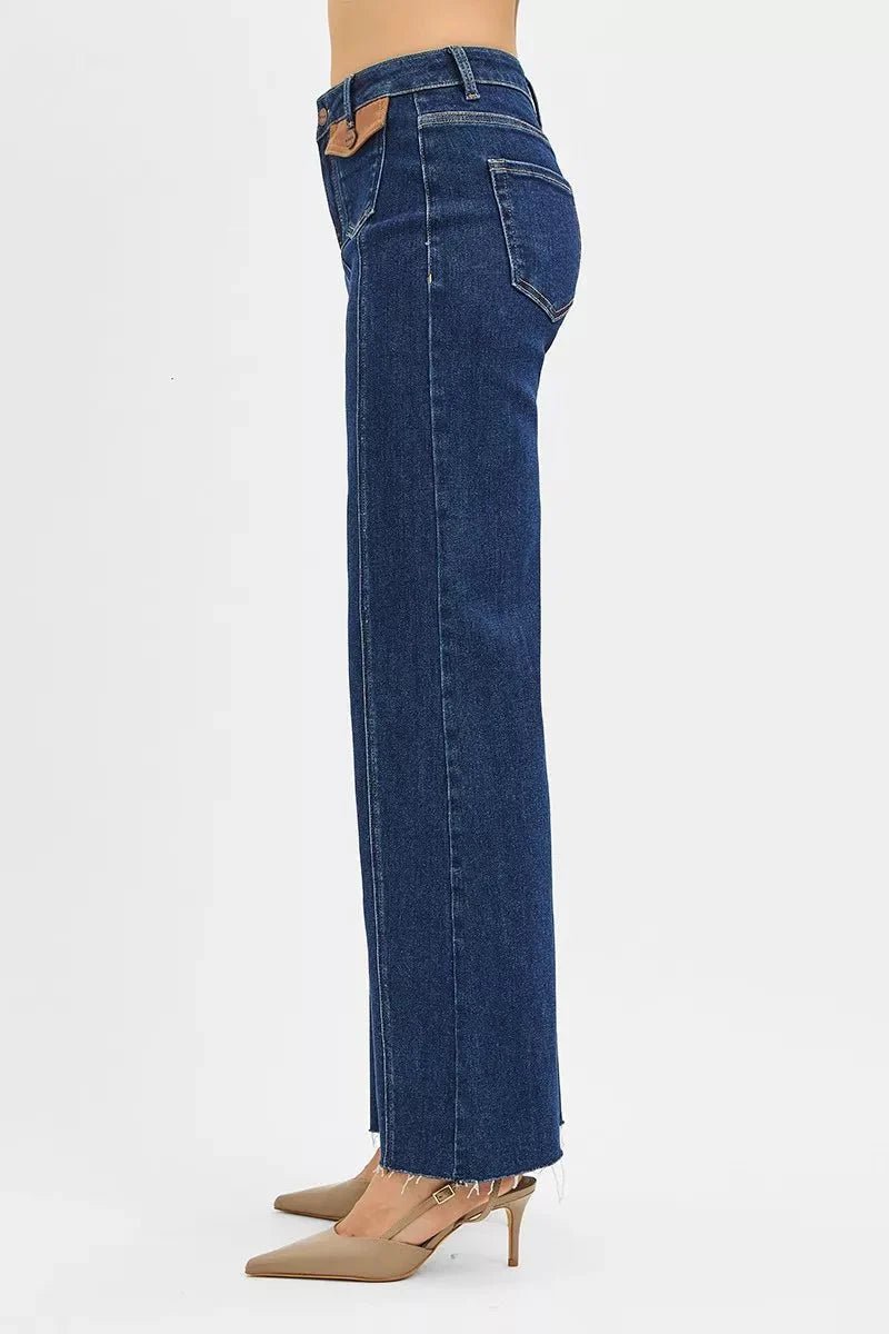 RISEN High Rise Wide Flare Jeans with Front Leather Pocket Detail - Che Cose Belle
