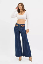 RISEN High Rise Wide Flare Jeans with Front Leather Pocket Detail - Che Cose Belle