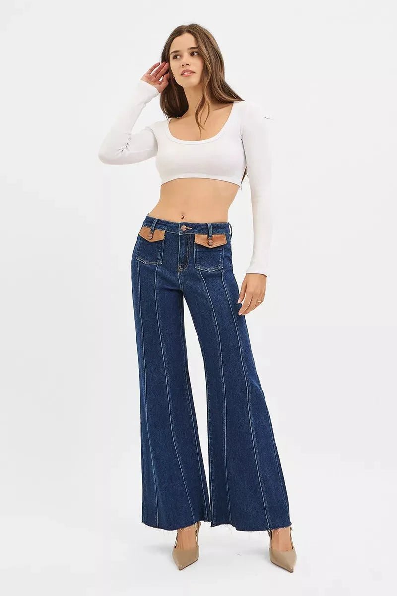 RISEN High Rise Wide Flare Jeans with Front Leather Pocket Detail - Che Cose Belle
