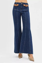 RISEN High Rise Wide Flare Jeans with Front Leather Pocket Detail - Che Cose Belle