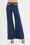 RISEN High Rise Wide Flare Jeans with Front Leather Pocket Detail - Che Cose Belle