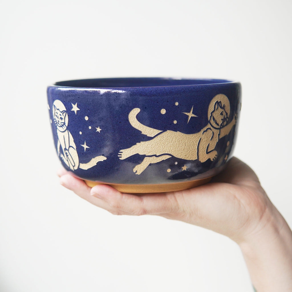 Space Cats Ramen Bowl, Farmhouse Style Handmade Pottery Dishware