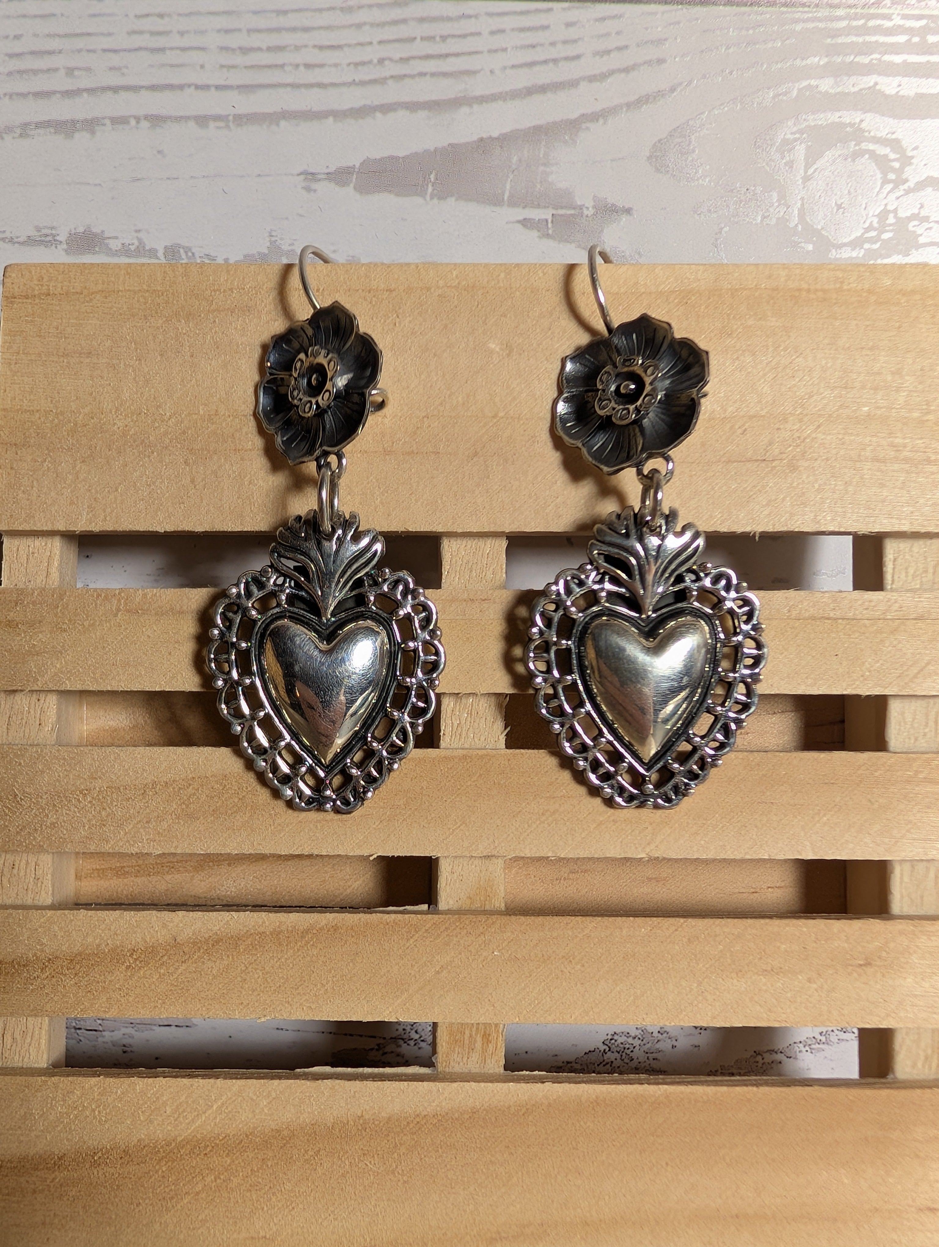 Floral Heart Shaped Filigree Sterling Silver Dangle Earrings