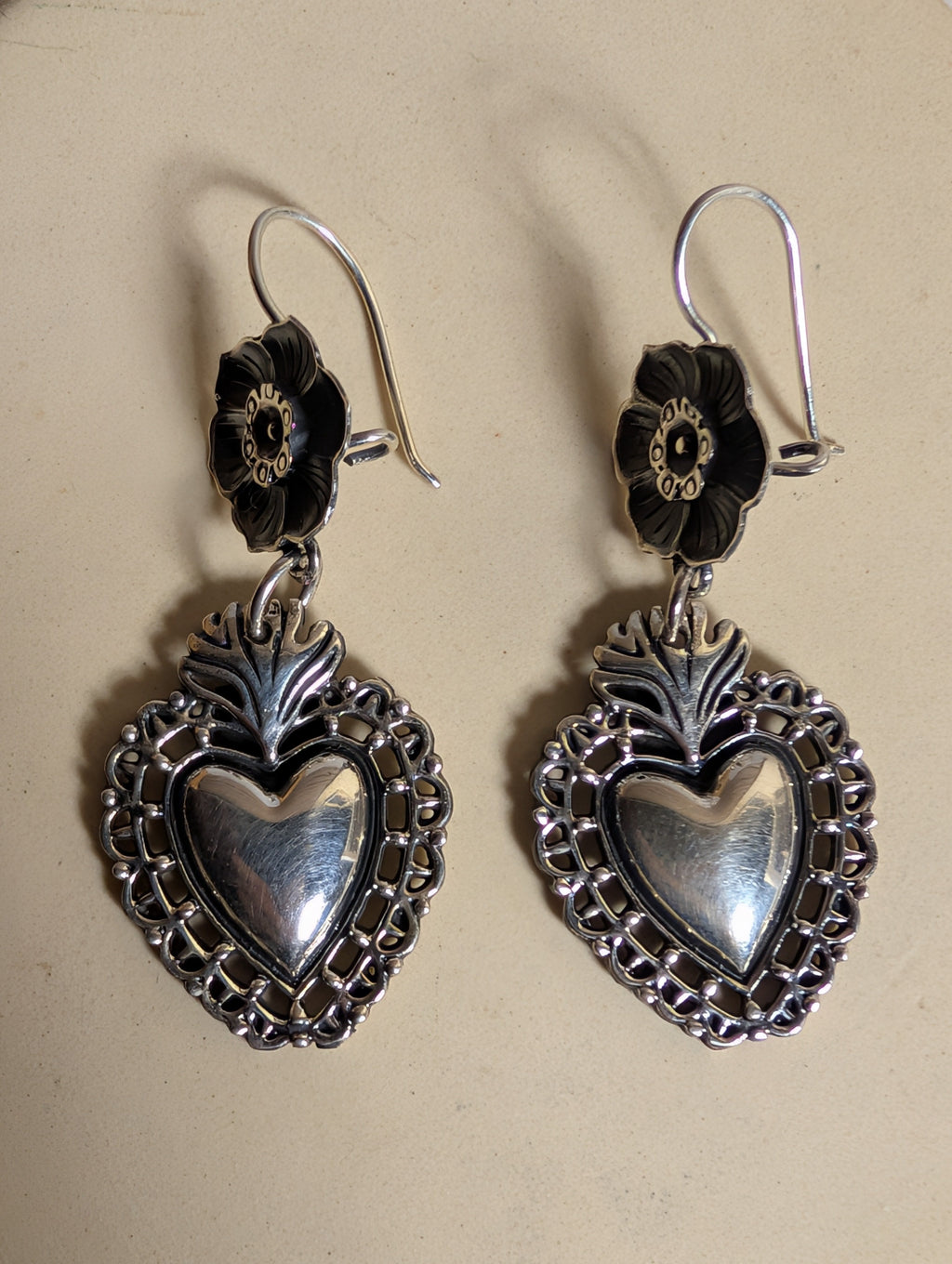 Floral Heart Shaped Filigree Sterling Silver Dangle Earrings