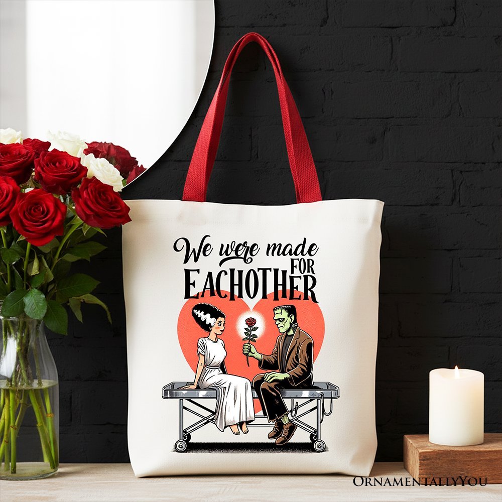 Romantic Frankenstein and Bride Canvas Tote Bag, We Were Made for Each Other Gift Bag for Spooky Couples - Che Cose Belle