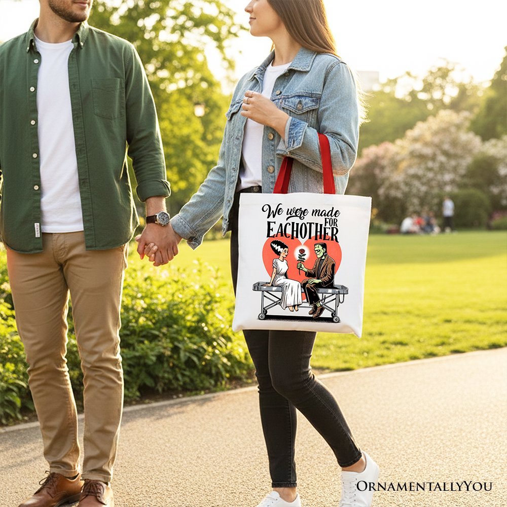 Romantic Frankenstein and Bride Canvas Tote Bag, We Were Made for Each Other Gift Bag for Spooky Couples - Che Cose Belle