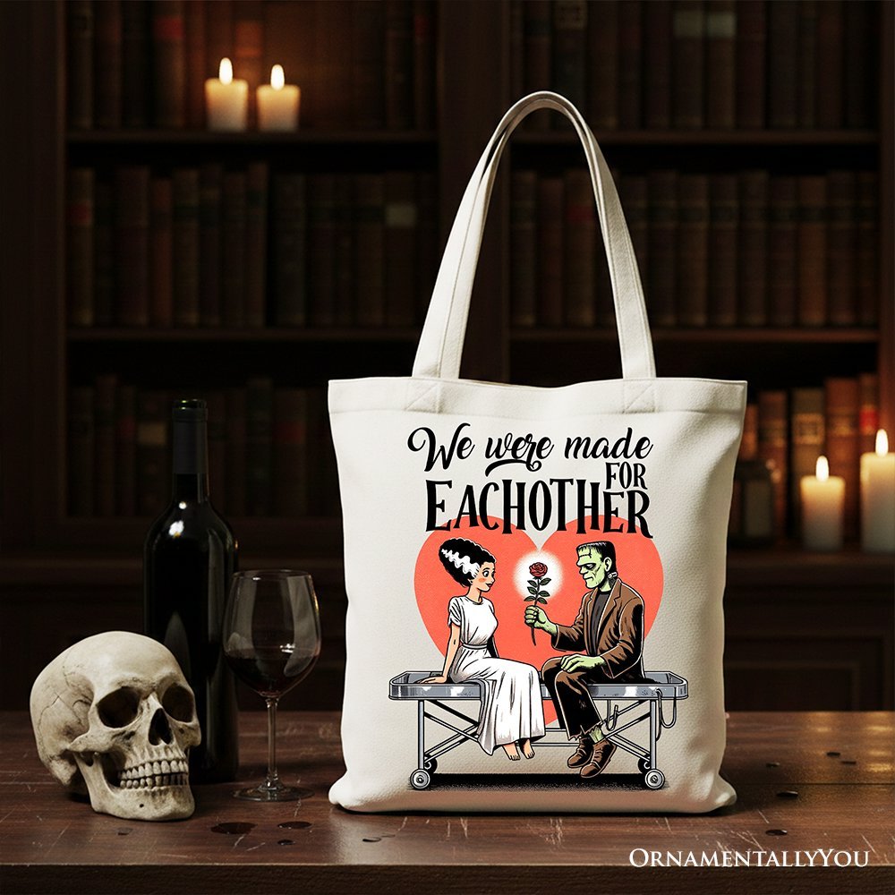 Romantic Frankenstein and Bride Canvas Tote Bag, We Were Made for Each Other Gift Bag for Spooky Couples - Che Cose Belle