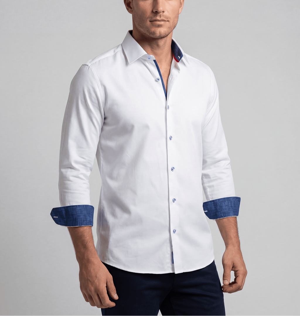 Ron// Cotton Knit-Stretch Button-Up Shirt With Contrast Details // White // Tailored Fit (Fitted) - Che Cose Belle
