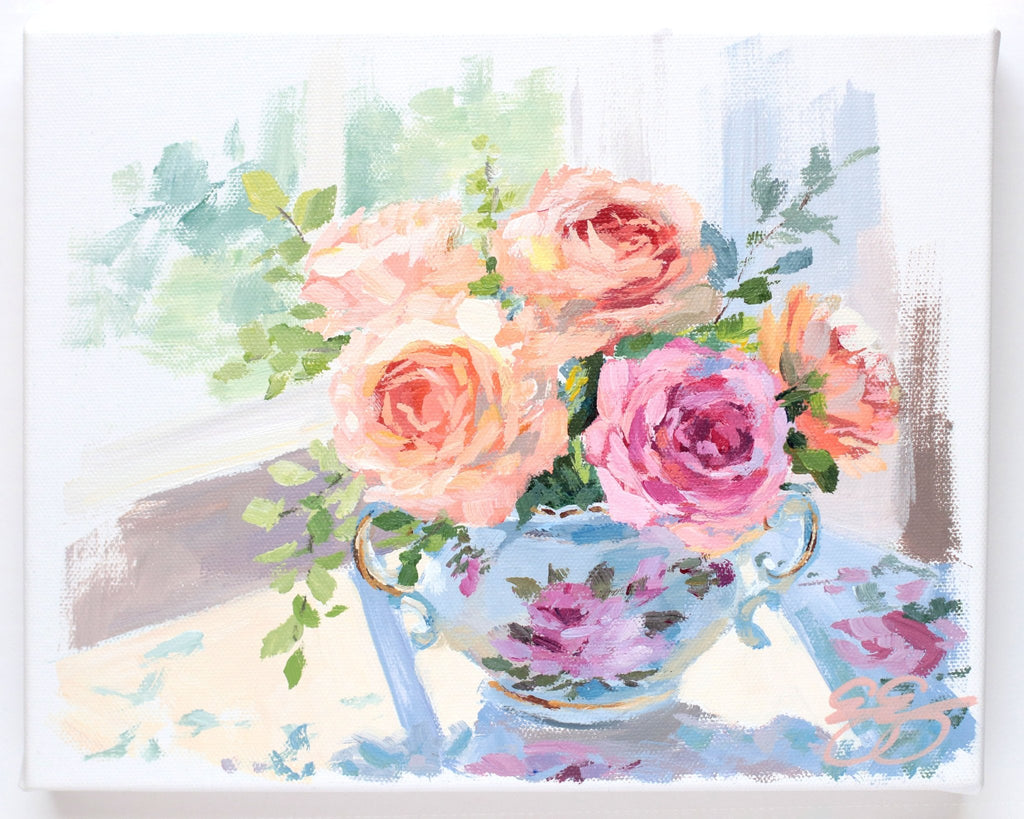 Roses in sugar bowl (No. 502) - 8 x 10 acrylic painting on canvas - Che Cose Belle