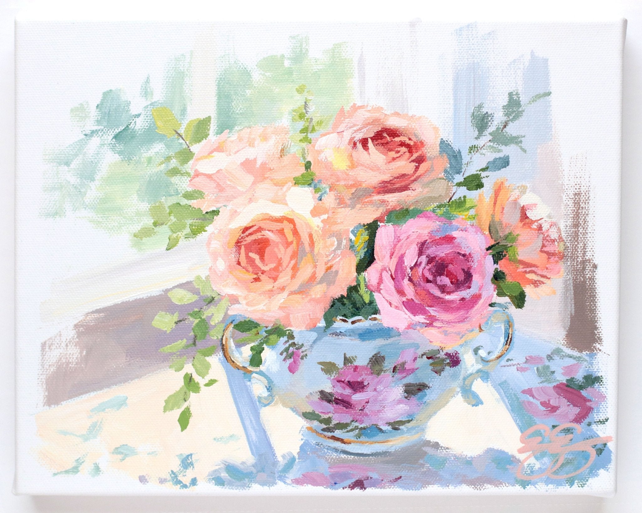 Roses in sugar bowl (No. 502) - 8 x 10 acrylic painting on canvas - Che Cose Belle