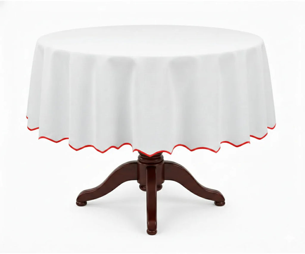 White Round Cloth Tablecloths - Scalloped Edge