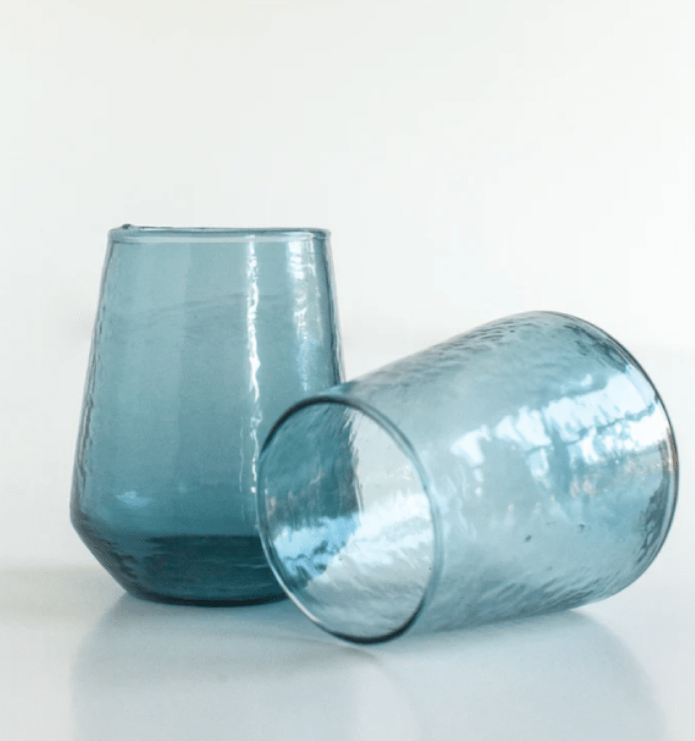 S/4 Handblown Hammered Glass Water Tumbler- Blue - Che Cose Belle