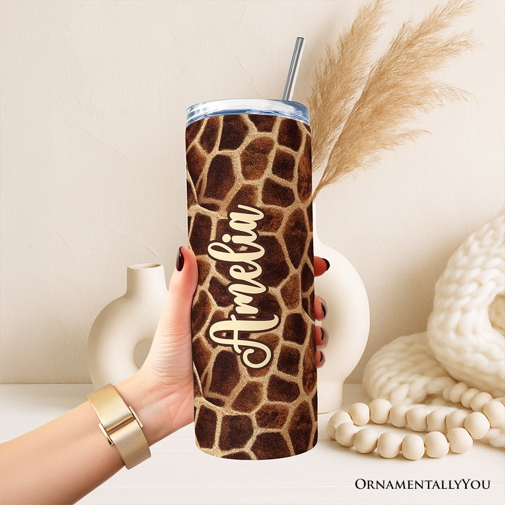 Safari Giraffe Print 20oz Personalized Tumbler With Lid and Stainless Steel Straw, Stylish Wildlife Gift Cup - Che Cose Belle