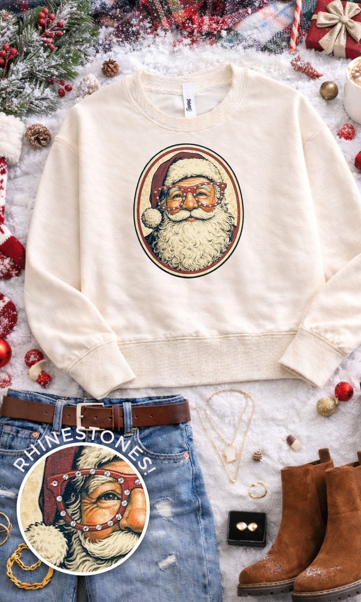 Santa with Rhinestone Specs Graphic Sweatshirt - Che Cose Belle