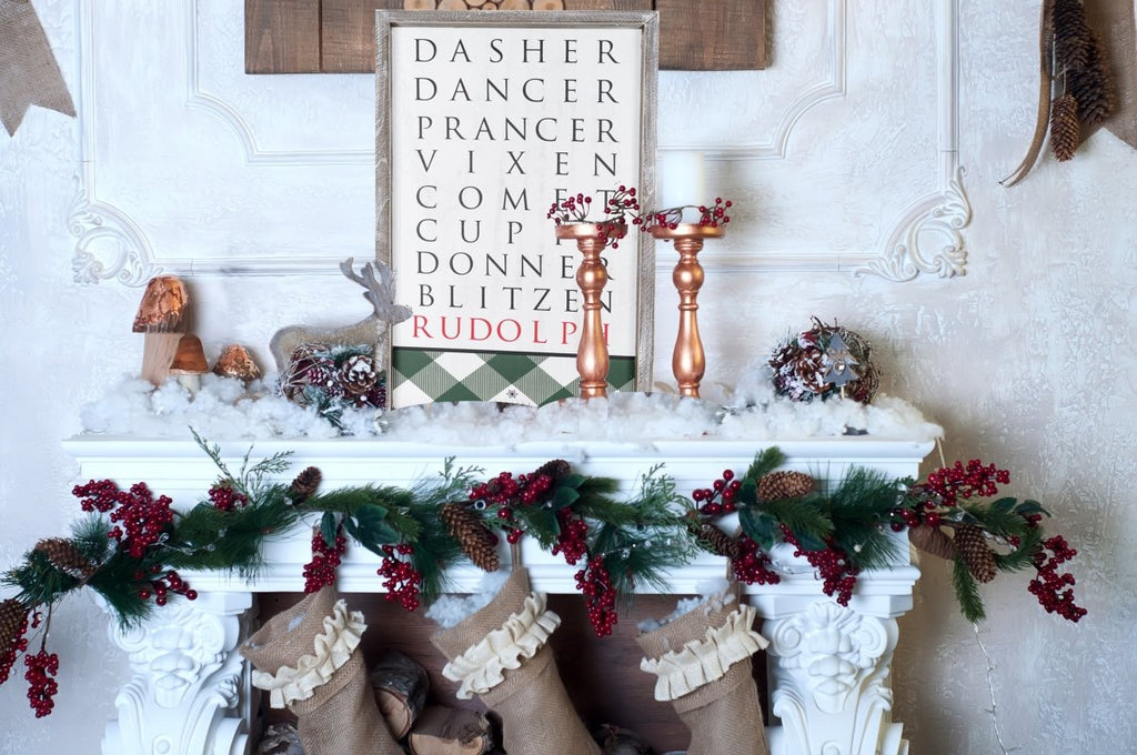 Santa Reindeer Sign Farmhouse Christmas Wall Decor 12x24x1.5 Plaid Reindeer Names Rudolph