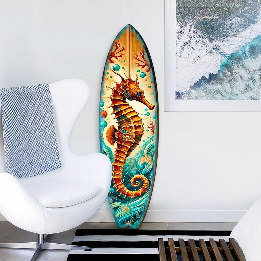 Seahorse Coastal Surfboard Wall Art – Handcrafted Wooden Ocean Decor by G.DeBrekht – Indoor Outdoor Beach House Accent – 8490147HS - Che Cose Belle