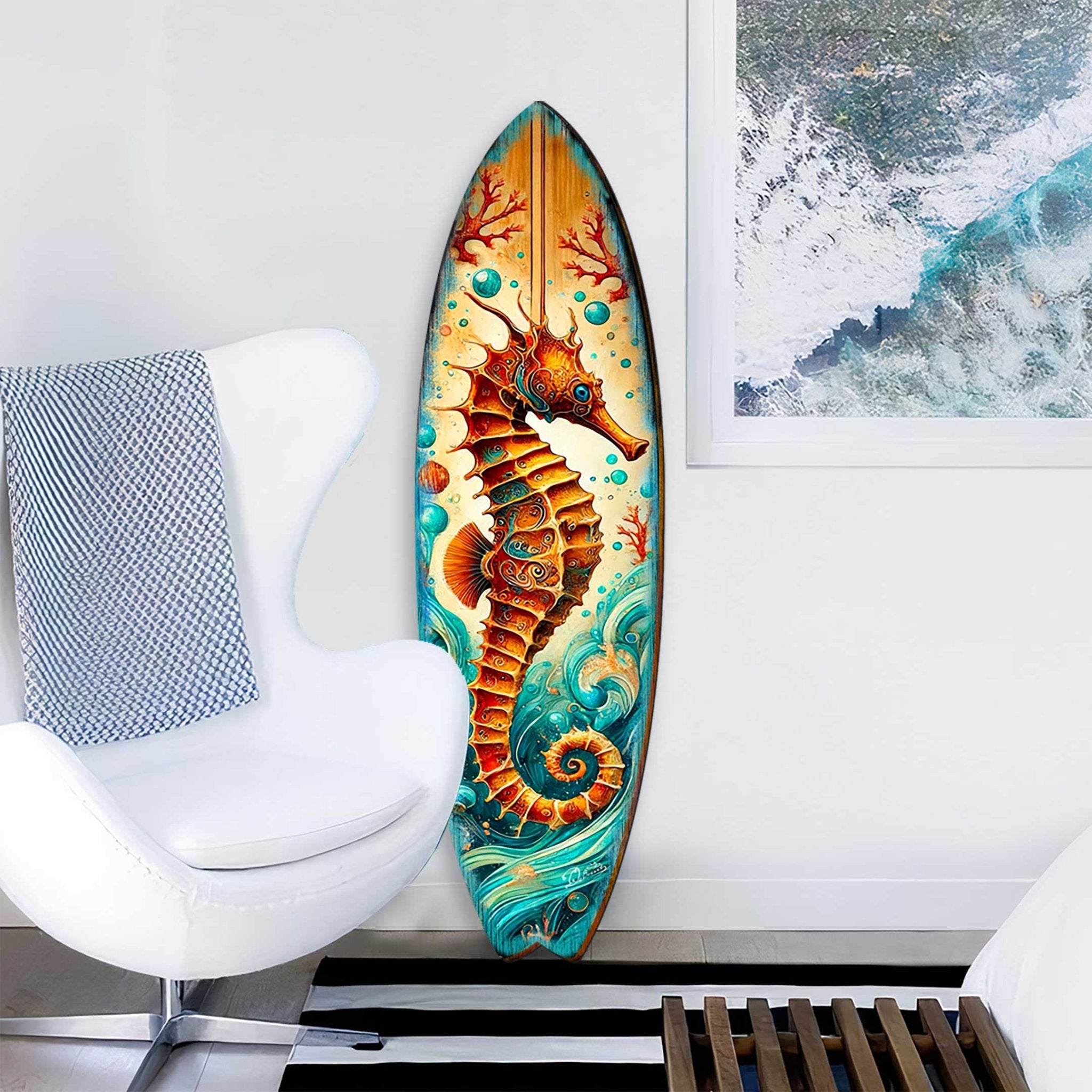 Seahorse Coastal Surfboard Wall Art – Handcrafted Wooden Ocean Decor by G.DeBrekht – Indoor Outdoor Beach House Accent – 8490147HS - Che Cose Belle